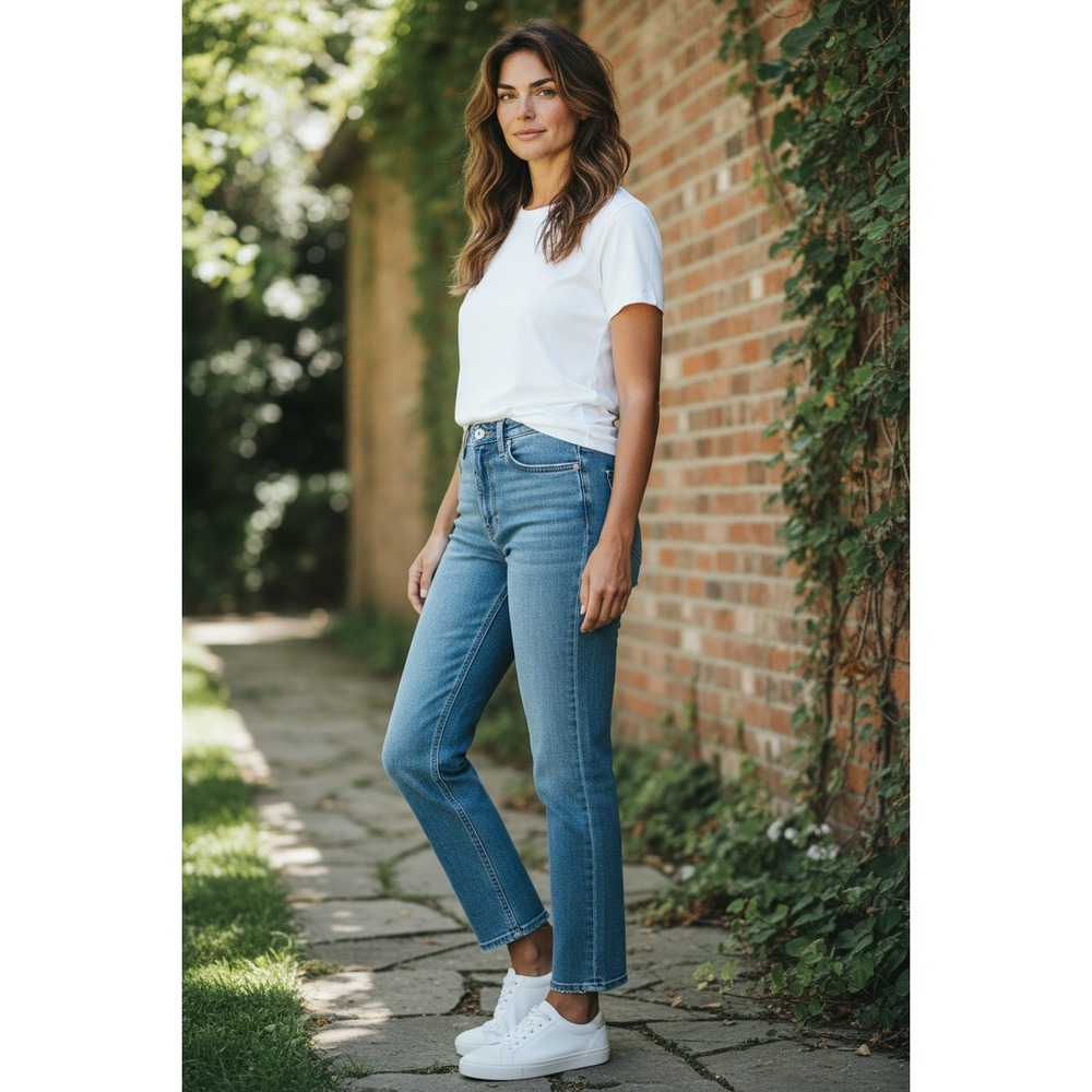 AO.LA alice + olivia High Rise Ankle Straight Jeans Medium Wash Fray Hem 27